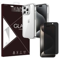 Tikawi Coque Iphone 15 Pro Max (6.7") Transparente + Verre trempé Anti Espion [Gel Souple] [Haute Protection] [Anti-Rayure] [Fine]