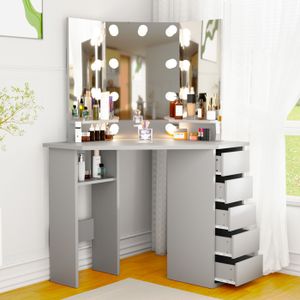 COIFFEUSE Coiffeuse avec miroir et LED - HOMDOX - Table de maquillage - 5 tiroirs - étagère - Gris