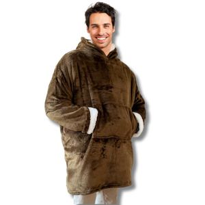 COUVERTURE - PLAID Plaid Pull Sweat à Manche et Capuche avec Poche – Taille Unique 118 x 85 cm Adulte - Intérieur Sherpa - Coloris Marron