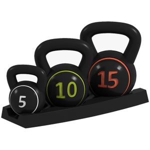 HALTÈRE - POIDS Lot de 3 kettlebells 5, 10 et 15 Kg - prise ergonomique - entraînement musculaire & haltérophilie - PVC noir