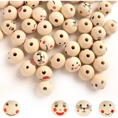 Perle En Bois Avec Visage Sourire, 60pcs Perles Bois Avec Visage Ange, Perles En Bois Nature, Perle En Bois Visage 20mm Pour Porte-clés Crochet Tissage Ange Artisanat DIY Bijoux (A-60PCS-20mm