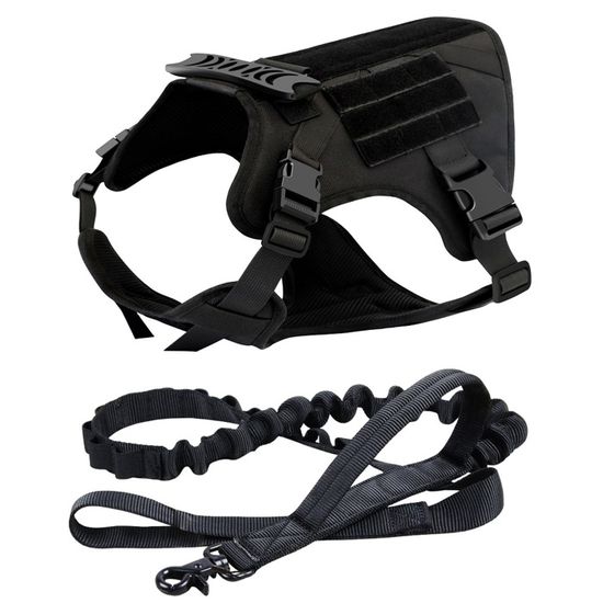 RubRab Ensemble harnais tactique pour chien et laisse élastique pour chiens de grande taille, gilet MOLLE pour service et dressage de chiens militaires réglables pour dressage de chien de chasse avec