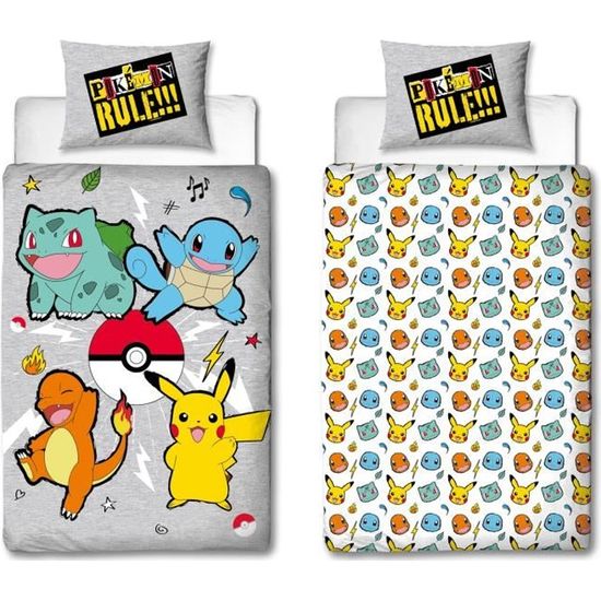 Parure De Lit Pokemon 140x200cm + Taie - Housse Couette Avec Pikachu, Salamèche, Carapuce, Bulbizarre