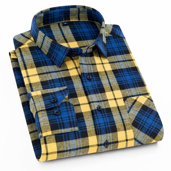 Chemise Chaude Homme Hiver à Carreaux Manches Longues Doublée Polaire Avec Poche Bleu - Prêt-à-Porter