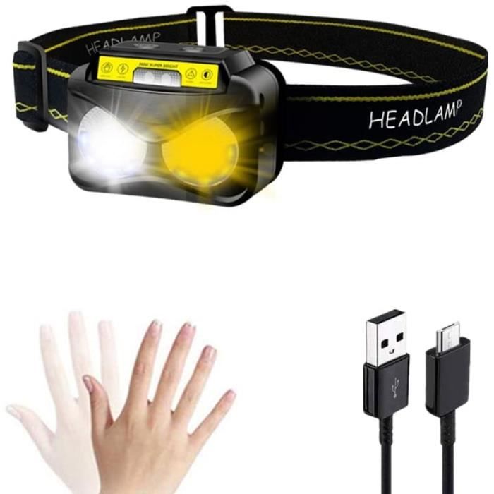 Lampe Frontale LED Rechargeable - Super Brillante, Étanche, 6 Modes D'éclairage, Lampe Frontale à Interrupteur de Capteur de Mouveme