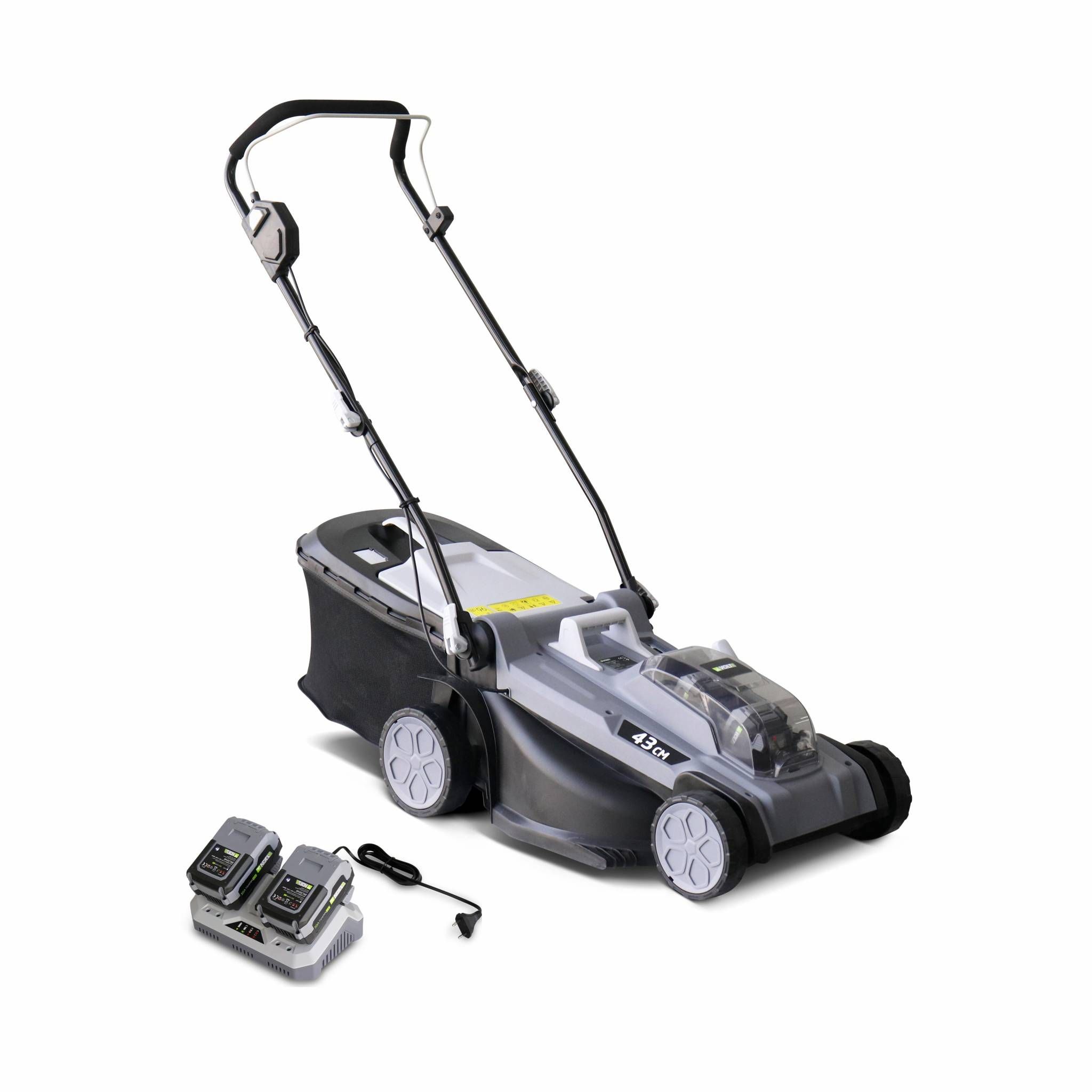 VOLTR 36V – Tondeuse à gazon sans fil 43cm – Batteries 20V Lithium 4.0Ah + double chargeur rapide, récupérateur d’herbe 40L