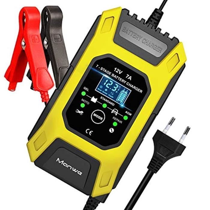 Manwe Chargeur de Batterie(12V 7A),Booster Voiture Intelligent Portable, Chargeur Batterie Moto/Voiture avec Protections Multiples,