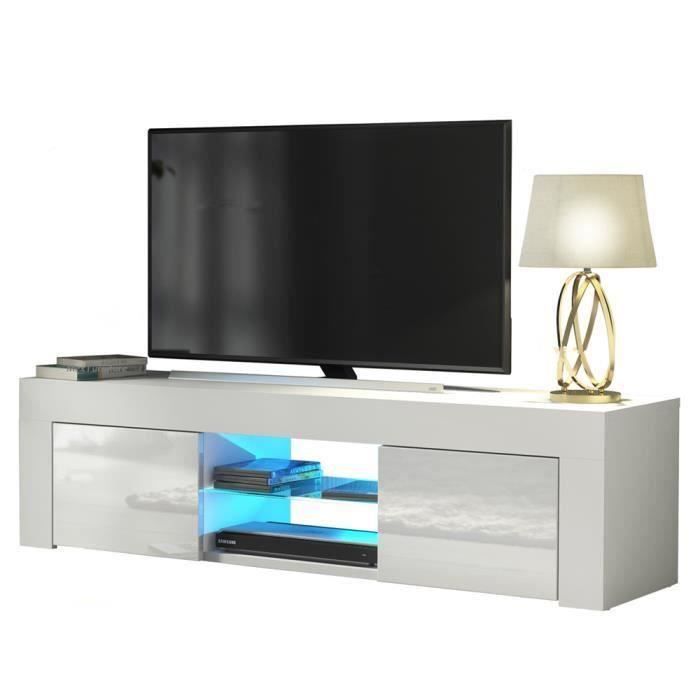 Meuble TV / Banc TV - 130 cm - blanc mat / blanc brillant - sans LED - style moderne - tablette en verre