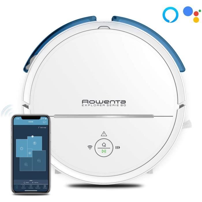Rowenta Aspirateur Robot X-Plorer Serie 80 Laveur Autonomie 1h30 Sols Durs Tapis Filtre Allergènes Wifi Compatible Smartphone Alexa