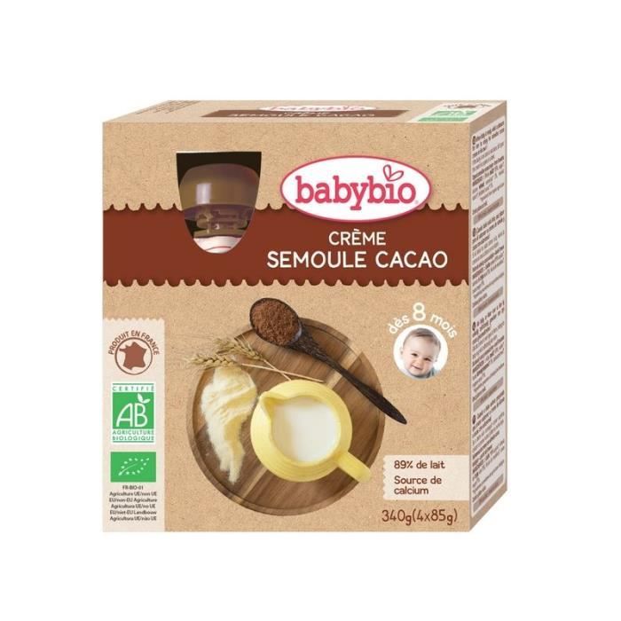 Babybio - Gourde Crème Semoule Cacao - Bio - 4x85g - Dès 8 mois