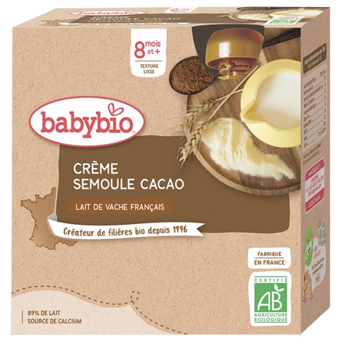 Babybio - Gourde Crème Semoule Cacao - Bio - 4x85g - Dès 8 mois