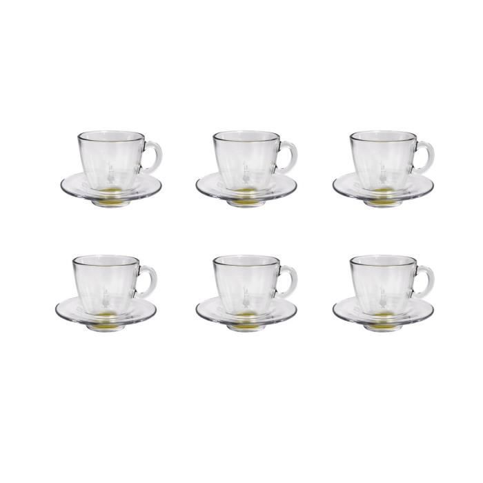 BIALETTI 6 tasses Expresso en verre 60ml transparent et jaune avec soucoupe