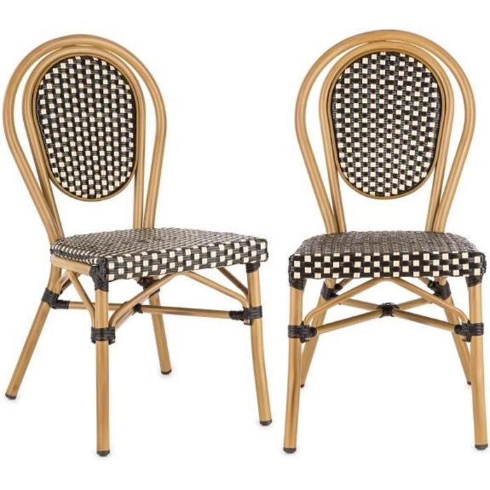 Blumfeldt Montpellier BL Lot 2 Chaises de jardin design en résine tressée - Chaise bistrot empilable - cadre aluminium - noir& crème