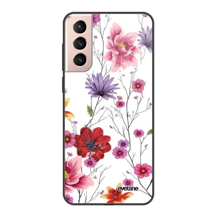 Coque soft touch glossy pour Samsung Galaxy S21 5G - EVETANE - Modèle : Fleurs Multicolores