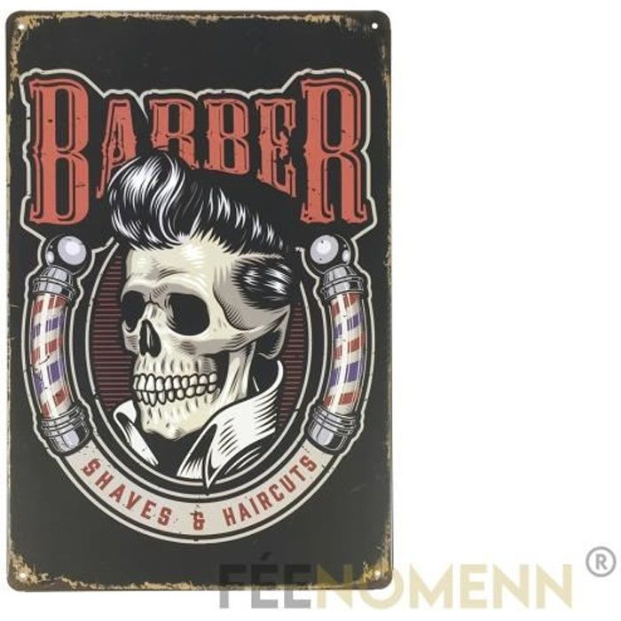 Plaque Métal Déco Vintage - Barber Tête de Mort Squelette - Shampoing et Coupe (20x30cm) OBJET DE DECORATION MURALE