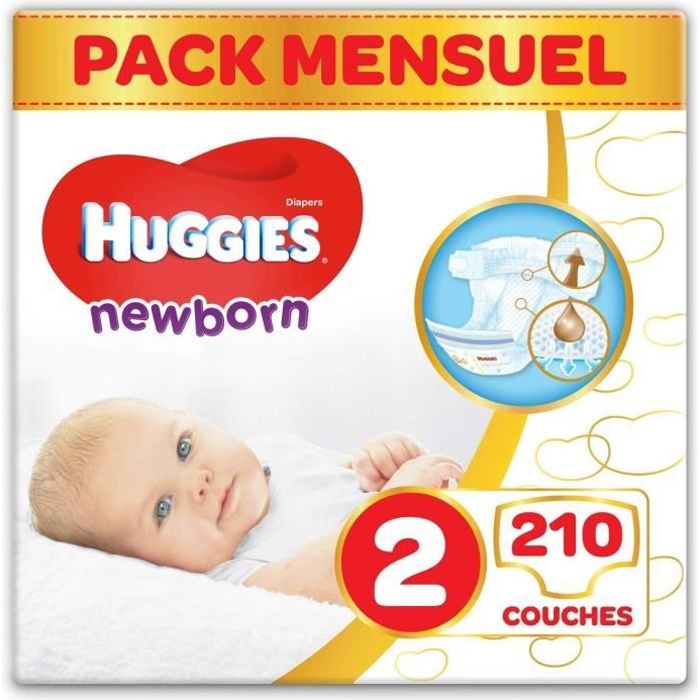 HUGGIES Newborn (Nouveaux-nés) Couches Bébé Unisexe x210 Taille 2 - Pack 1 mois