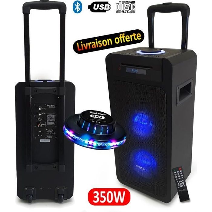 Enceinte autonome PARTY HIFI SONO DJ bluetooth à batterie Freesound350 - 350W - Bluetooth/USB/CD/AUX - Télécommande + OVNI
