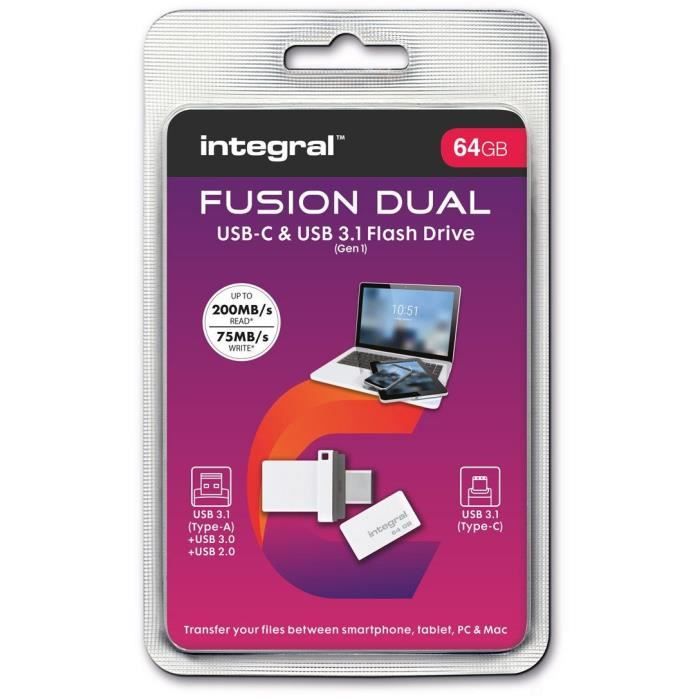 INTEGRAL Clé 64 Go USB 3.1 & Type-C Fusion double Connecteur pour Sauvegarde de Données entre Smartphones, PC, Macs, Tablettes USB C