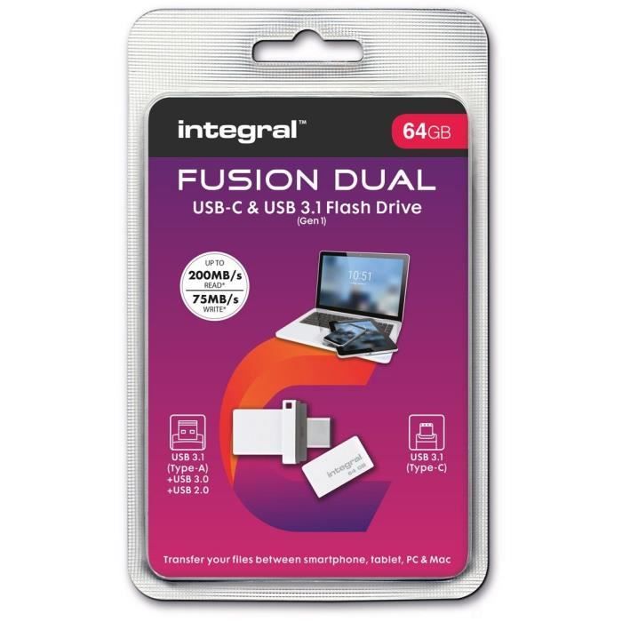 INTEGRAL Clé 64 Go USB 3.1 & Type-C Fusion double Connecteur pour Sauvegarde de Données entre Smartphones, PC, Macs, Tablettes USB C