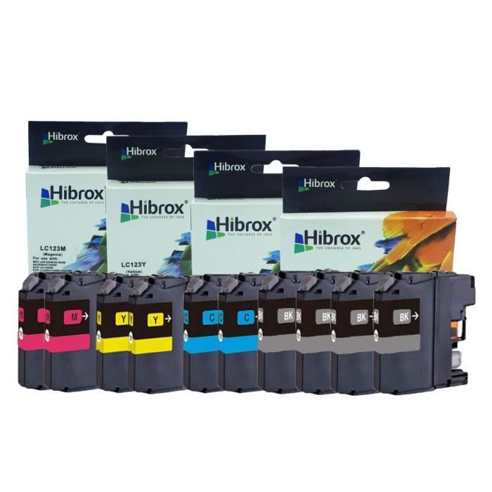 Pack de 10 Hibrox Cartouches Jet d'Encre Compatible Brother LC123 4xNoire 2xCyan 2xMagenta 2xJaune Pour Brother DCP J 552 DW J 752 D