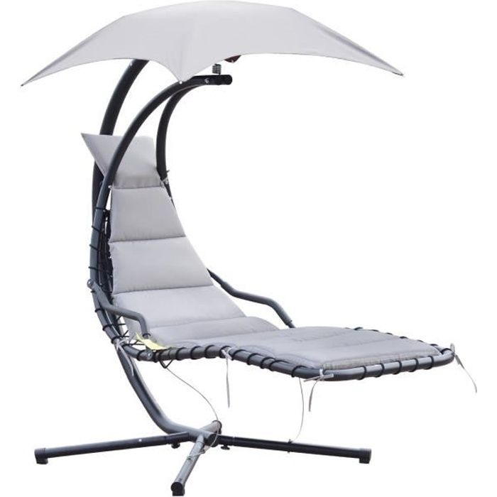 Bain de soleil transat suspendu avec pare-soleil et matelas design contemporain 194L x 117l x 192H cm acier polyester gris noir