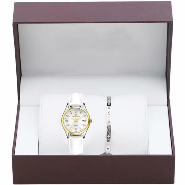 Coffret cadeau montre de mode, Montre Femme Élégante + Bracelet Femme - Quartz - Blanc