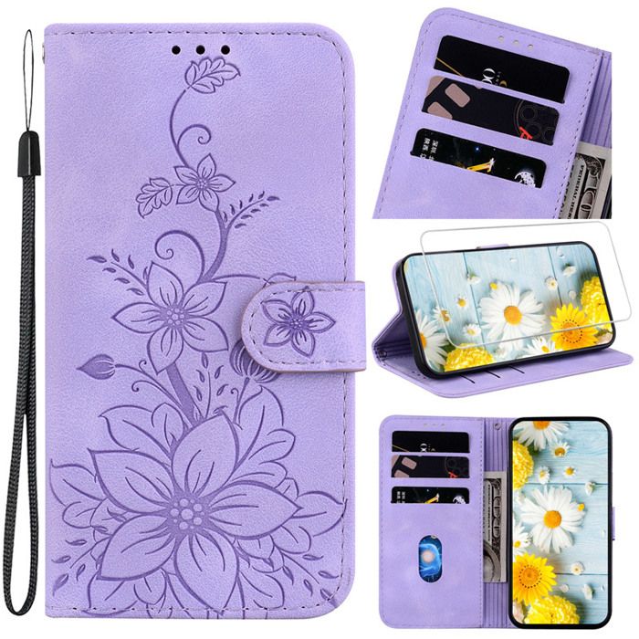 Verre trempé+Etui pour Xiaomi Redmi Note 13 Pro 5G, Fentes Cartes Housse Antichoc Cuir PU Portefeuille Etui -Fleurs violettes BHH
