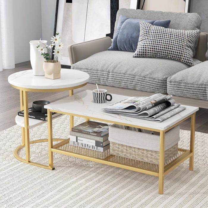 2 Tables Basses Gigognes Blanc Marbre - Pied Acier Doré Pour Salon Moderne