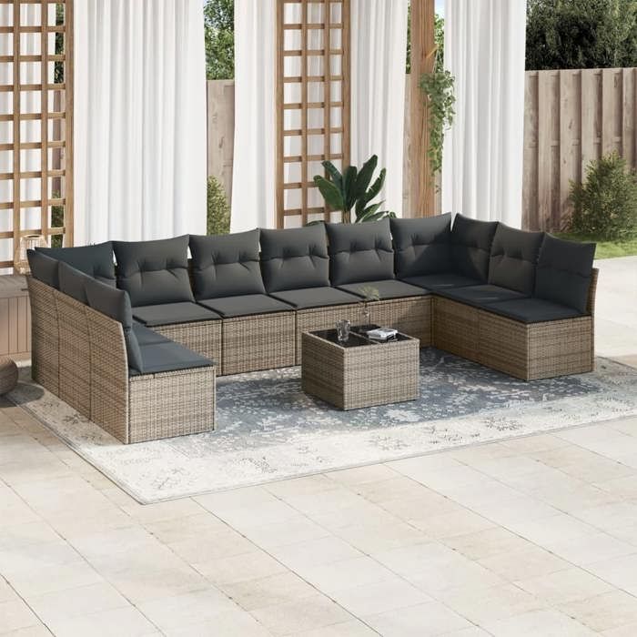 vidaXL Salon de jardin 11 pcs avec coussins gris résine tressée 3218100