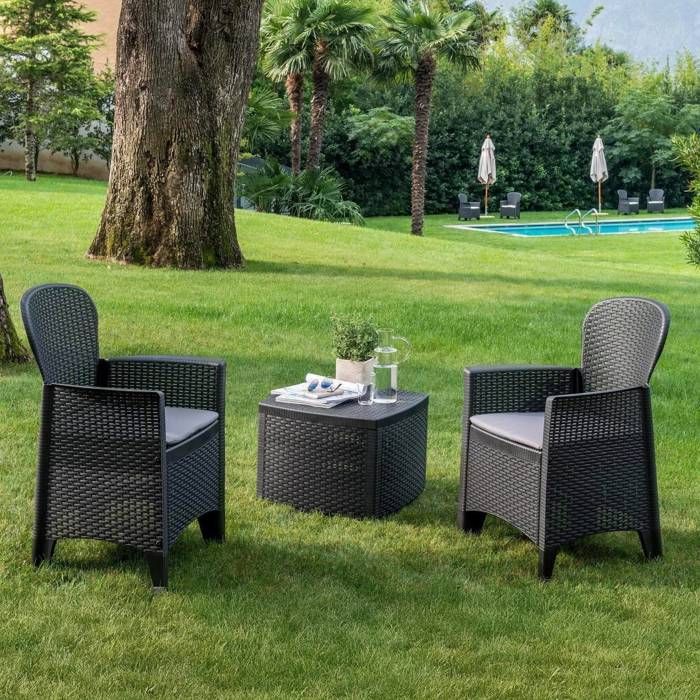 Set salon dextérieur Dakain - Dmora - En PVC - 2 fauteuils et 1 table conteneur - Anthracite