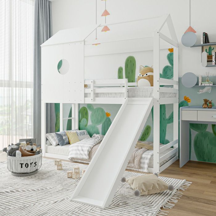 Lit Superposé Enfant 90x200 Avec Toboggan - Sécurité Et Fun En Pin Naturel