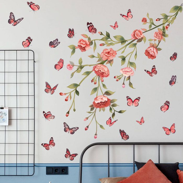 Stickers Muraux Fleurs Et Papillons - Déco Adhesive Pour Chambre Enfant | Rose Rouge