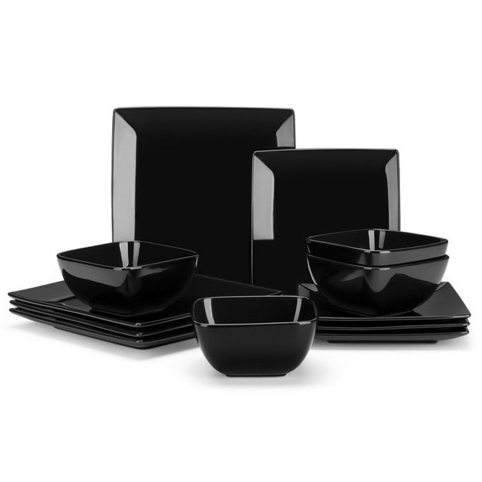 vancasso Vaisselle Noir Série SOHO 12pcs Couverts Carrés en Grès  Assiettes Plates Assiettes à Dessert et Bols - pour 4