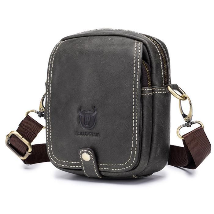 Sacoche Homme BULLCAPTAIN Cuir Véritable Grise - Style Vintage Moderne & Classe - Bandoulière Réglable - Idéal Voyage & Quotidien
