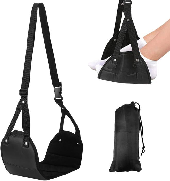 Repose-Pieds Avion Hamac Réglable 60-90 Cm – Mousse Confort Premium Portable Pour Avion, Train, Bureau (Noir)
