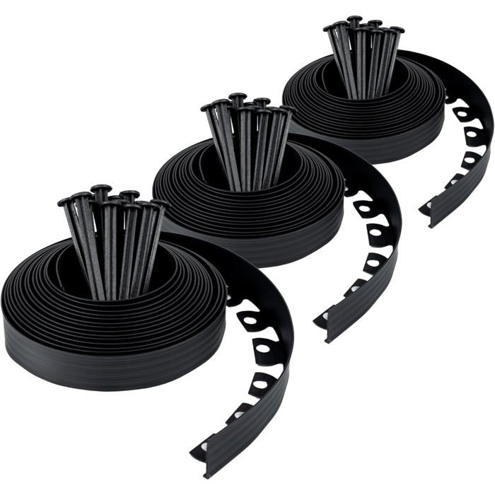 Bordure De Jardin En Plastique 12 Mètres Avec 50 Piquets - Bordurette Pelouse Flexible Noire Hauteur 78 Mm