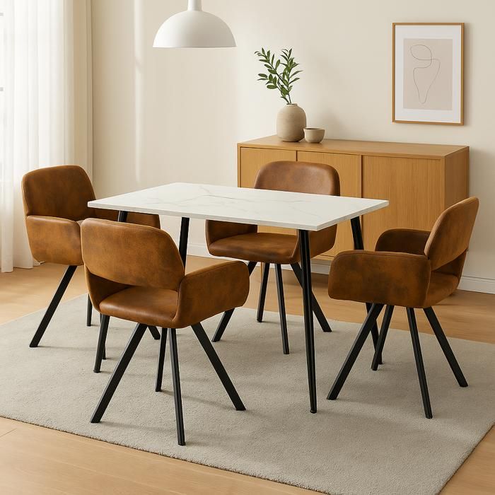 URBAN MEUBLE - ensemble de salle à manger - 5 pièces - table à manger effet marbre blanc - avec 4 chaises pivotantes marron URBAN MEUBLE - ensemble de salle à manger - 5 pièces - table à manger effet marbre blanc - avec 4 chaises pivotantes marron