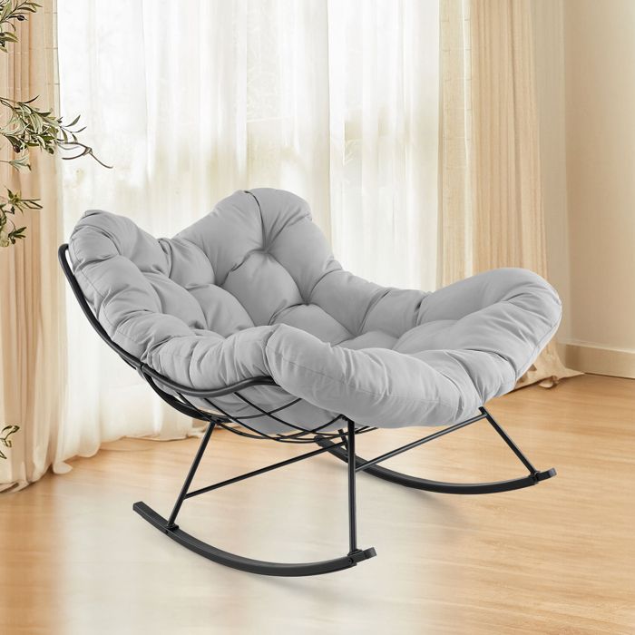 Chaise Papasan à Bascule Surdimensionnée GIANTEX - Forme œuf, Coussin épais 16cm, Charge 205kg - Intérieur/extérieur Gris