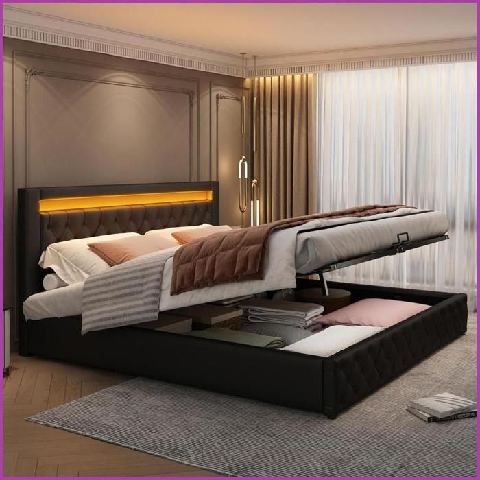 Lit rembourré 160x200 cm - Stauraum + Éclairage LED - Tissu PU - Noir