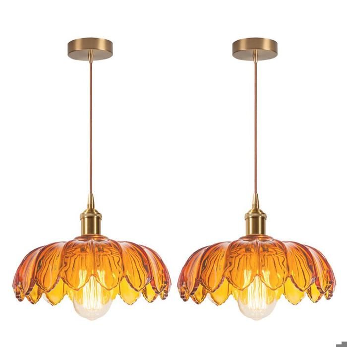 iDEGU 2pcs Suspension Luminaire Moderne en VerreLustre Vintage Abat-jour Design Fleurs Ambre Lampe de Plafond Retro pour Salon25cm
