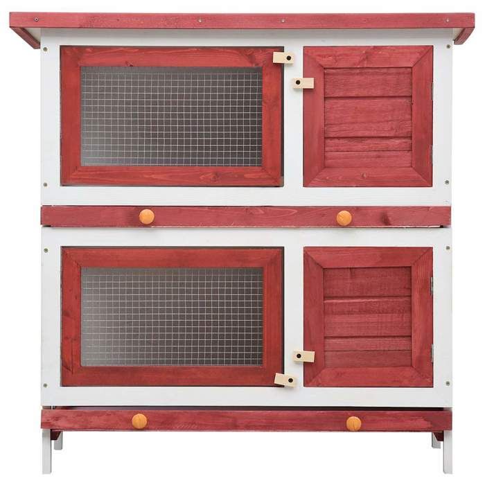 Clapier dextérieur en bois - WIENS - 4 portes - Rouge - 90x45x90 cm - Treillis métallique - Toit étanche