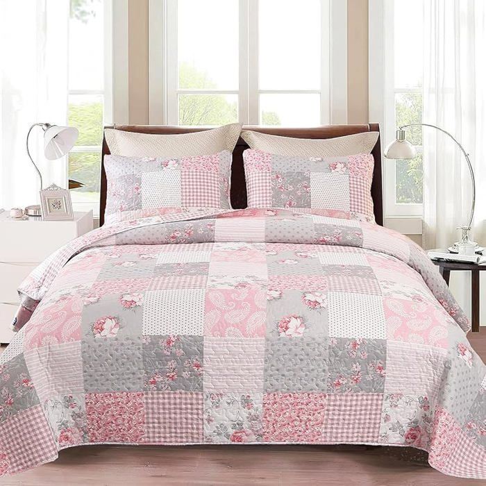 Couvre-lit patchwork 220x240 cm en microfibre rose à motif floral pour 2 personnes JETEE DE LIT