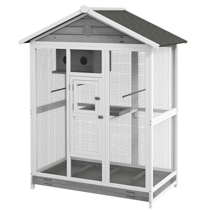 Grande cage oiseau volière à oiseaux intérieur exterieur 4 perchoirs bac à litière coulissant 112 x 68 x 154 cm gris