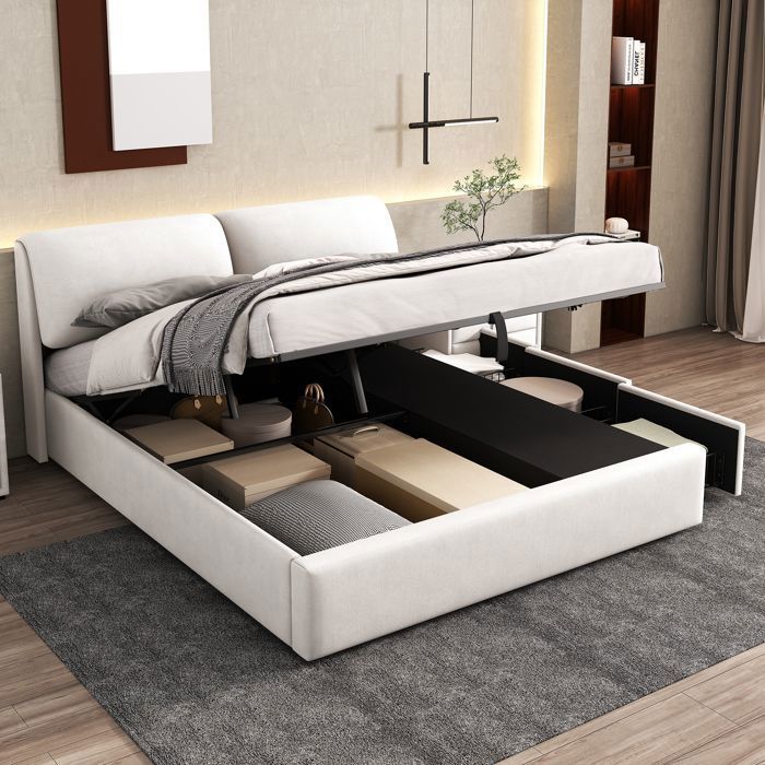 Lit Coffre 180x200 cm en Velours Beige avec Tiroirs - merax - Lit Rembourré Relevable avec Tête de Lit et Sommier Lit Coffre 180x200 cm en Velours Beige avec Tiroirs - merax - Lit Rembourré Relevable avec Tête de Lit et Sommier