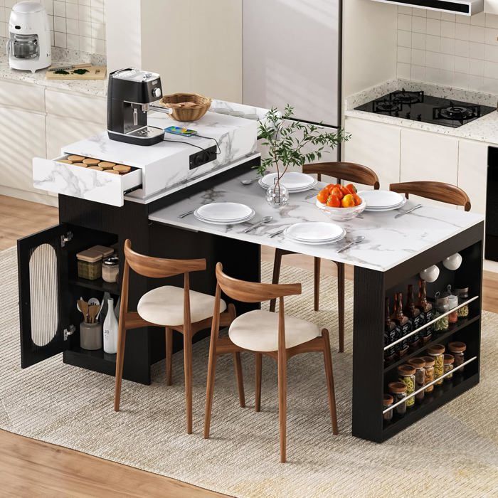 Table de Bar Extensible avec Espace de Rangement (133-202×70×935cm) - Table à Manger Extensible-îlot de Cuisine - Noir
