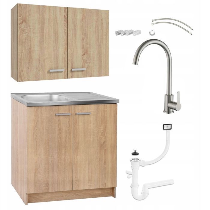STAMAR Meuble sous Évier 80 cm Chêne Sonoma + Évier Inox + Robinet Pivotant Chromé + Siphon LV + Meuble Haut - 80x49x82 cm