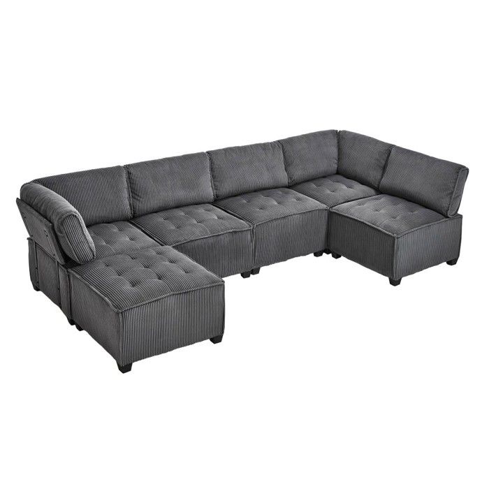 Canapé Modulable 6 Places Velours Côtelé Ergonomique Poches Rangement U/L Convertible Structure Bois Métal Gris 308x154x82cm Canapé Modulable 6 Places Velours Côtelé Ergonomique Poches Rangement U/L Convertible Structure Bois Métal Gris 308x154x82cm