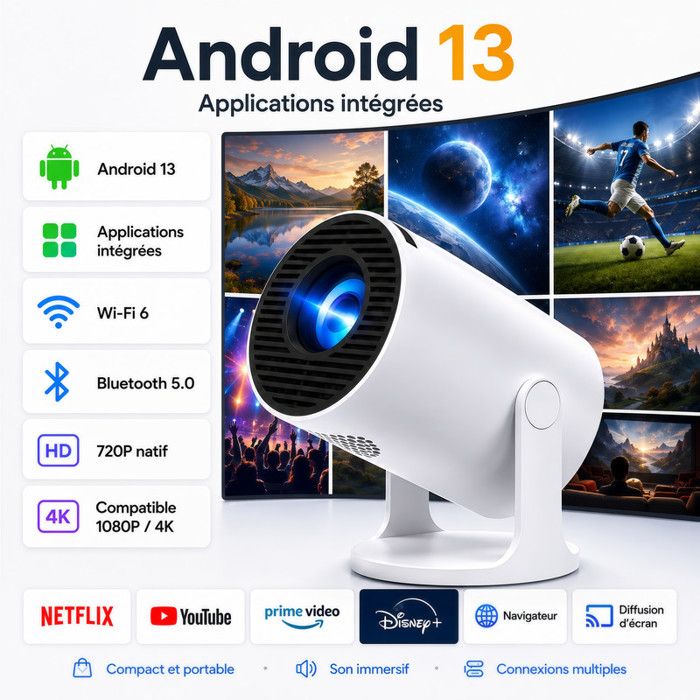 vidéoprojecteur portable MINI，WINANQE HY300Pro，avec plusieurs applications intégrées 2 500 lumens.