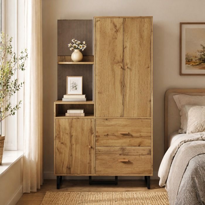 Meuble dentrée vestiaire 110 x 38 x 186 cm avec penderie coulissante. 2 tiroirs. étagères. MDF noir et bois
