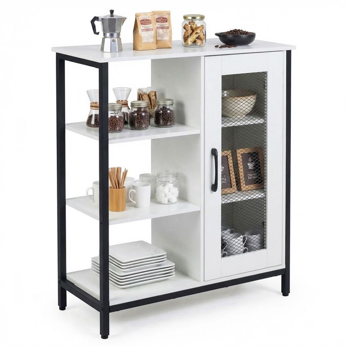 Buffet de Cuisine COSTWAY avec Placard à Porte Plateau Spacieux Étagères Réglables 2 Kits Anti-basculement Blanc et Noir